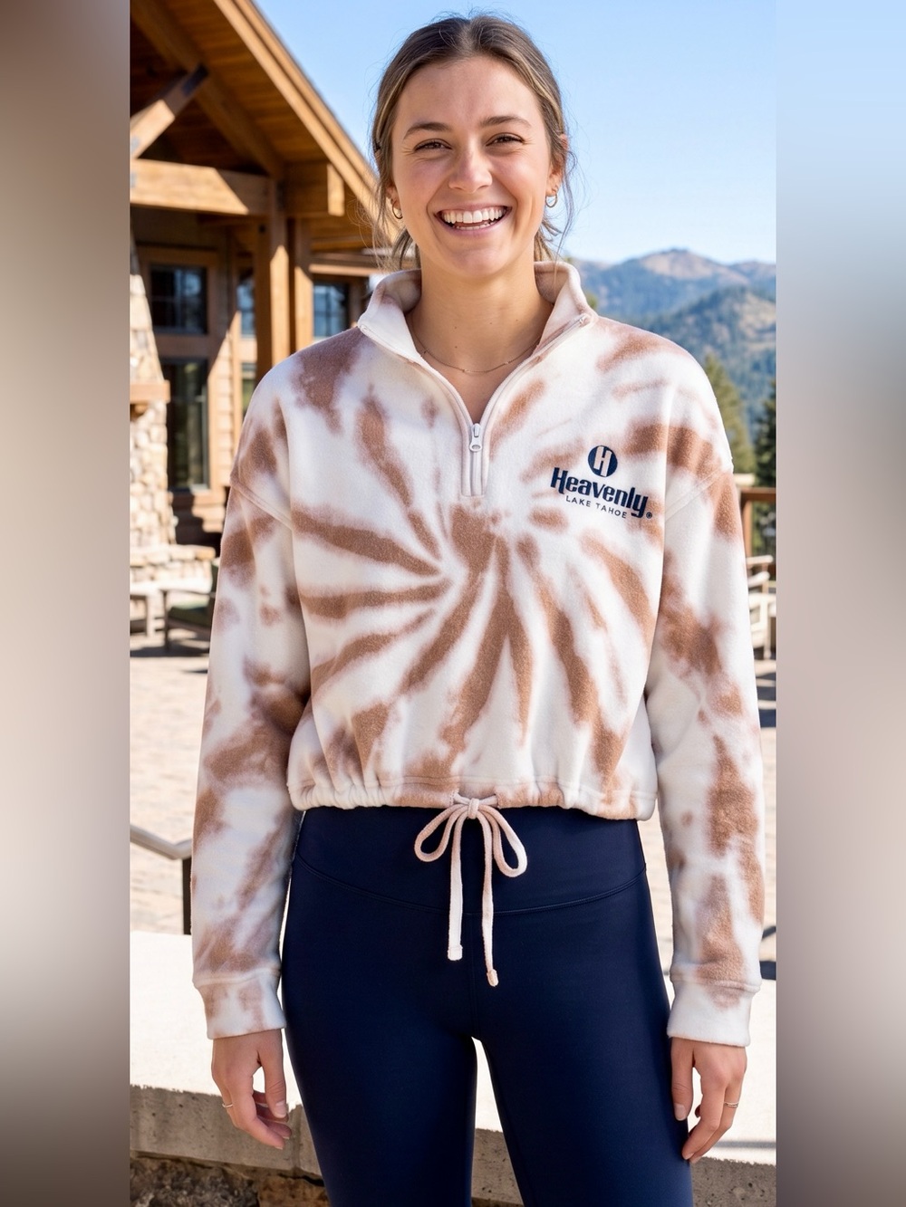 NWT Heavenly Lake Tahoe Brown Tie Dye Fleece Quarter Zip Crop Pullover S